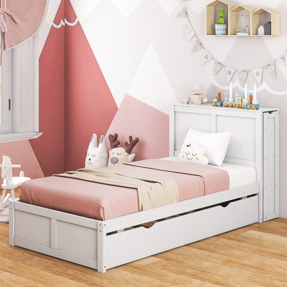 Kids Wooden Platform Bed with Trundle, Storage Headboard and Bookshelves - Twin Size