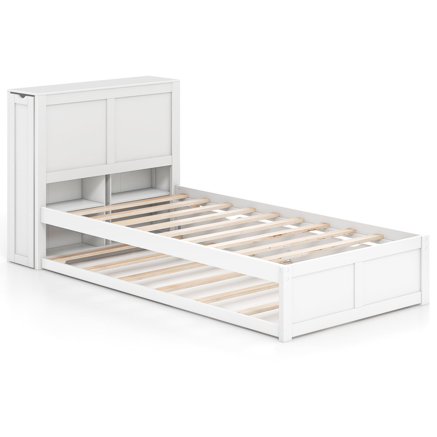 Kids Wooden Platform Bed with Trundle, Storage Headboard and Bookshelves - Twin Size