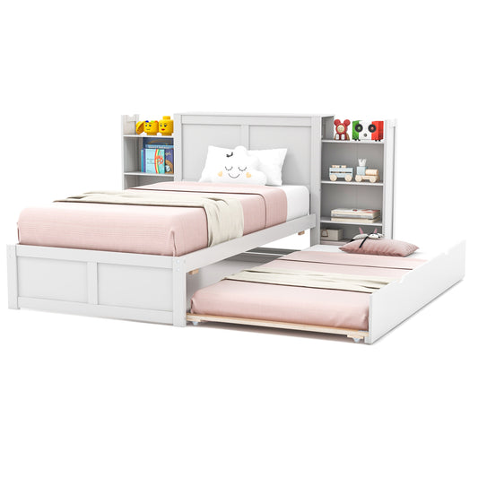 Kids Wooden Platform Bed with Trundle, Storage Headboard and Bookshelves - Twin Size
