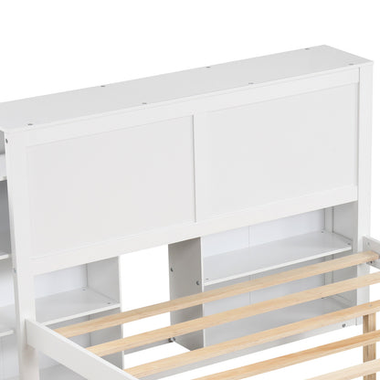 Kids Wooden Platform Bed with Trundle, Storage Headboard and Bookshelves - Twin Size