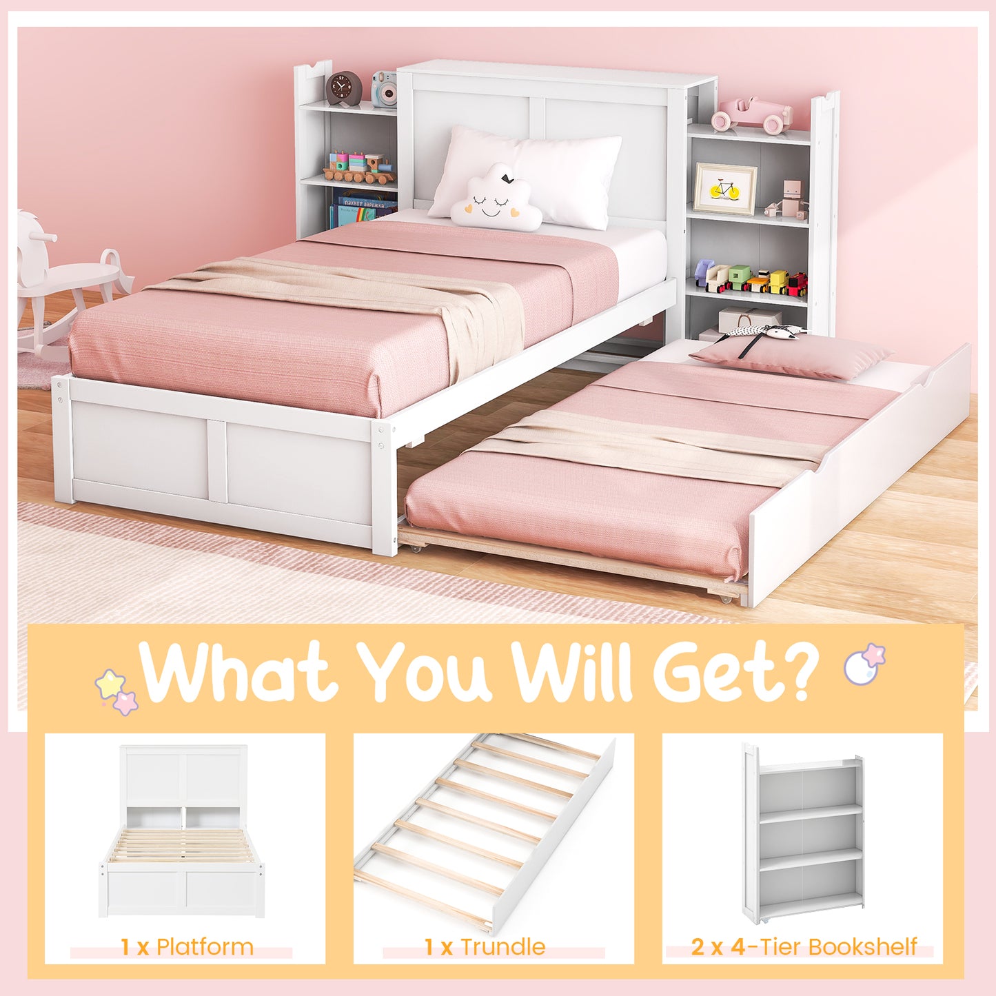 Kids Wooden Platform Bed with Trundle, Storage Headboard and Bookshelves - Twin Size