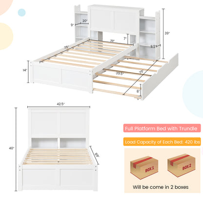 Kids Wooden Platform Bed with Trundle, Storage Headboard and Bookshelves - Twin Size