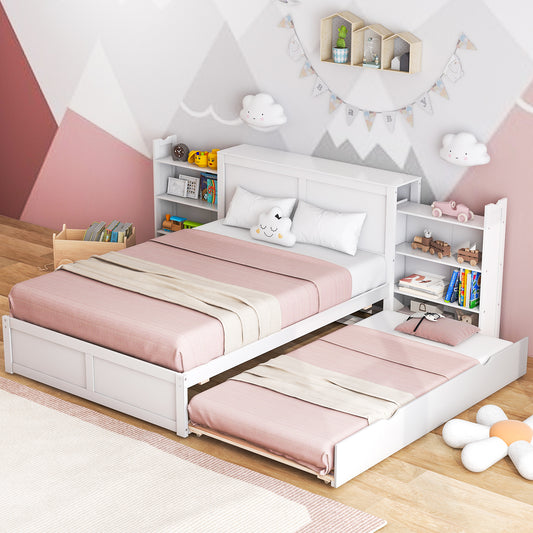 Kids Wooden Platform Bed with Trundle, Storage Headboard and Bookshelves - Full Size