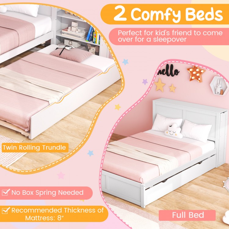 Kids Wooden Platform Bed with Trundle, Storage Headboard and Bookshelves - Full Size