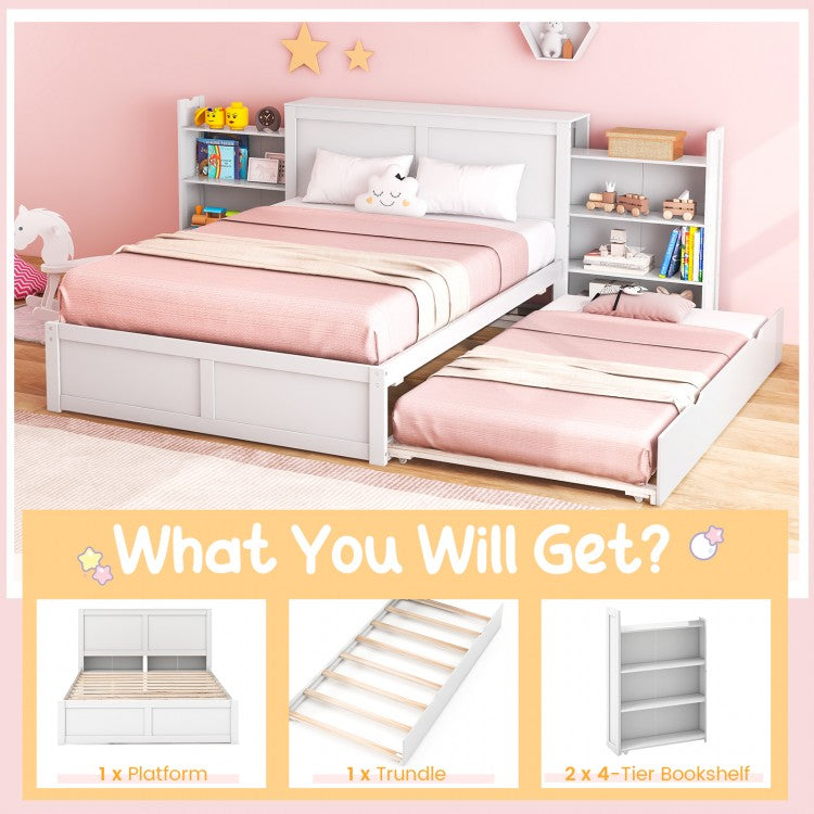 Kids Wooden Platform Bed with Trundle, Storage Headboard and Bookshelves - Full Size