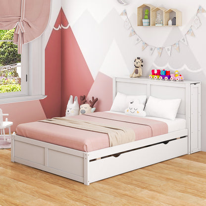 Kids Wooden Platform Bed with Trundle, Storage Headboard and Bookshelves - Full Size