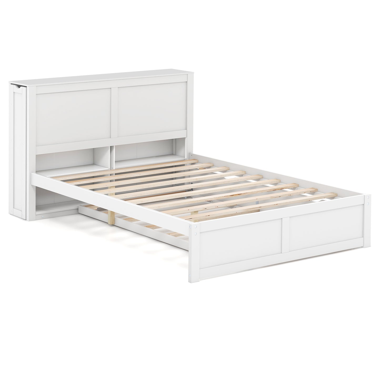 Kids Wooden Platform Bed with Trundle, Storage Headboard and Bookshelves - Full Size