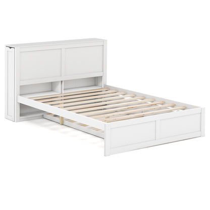 Kids Wooden Platform Bed with Trundle, Storage Headboard and Bookshelves - Full Size