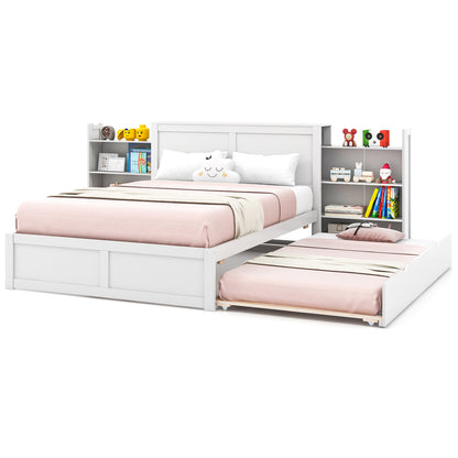 Kids Wooden Platform Bed with Trundle, Storage Headboard and Bookshelves - Full Size