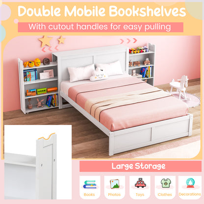 Kids Wooden Platform Bed with Trundle, Storage Headboard and Bookshelves - Full Size