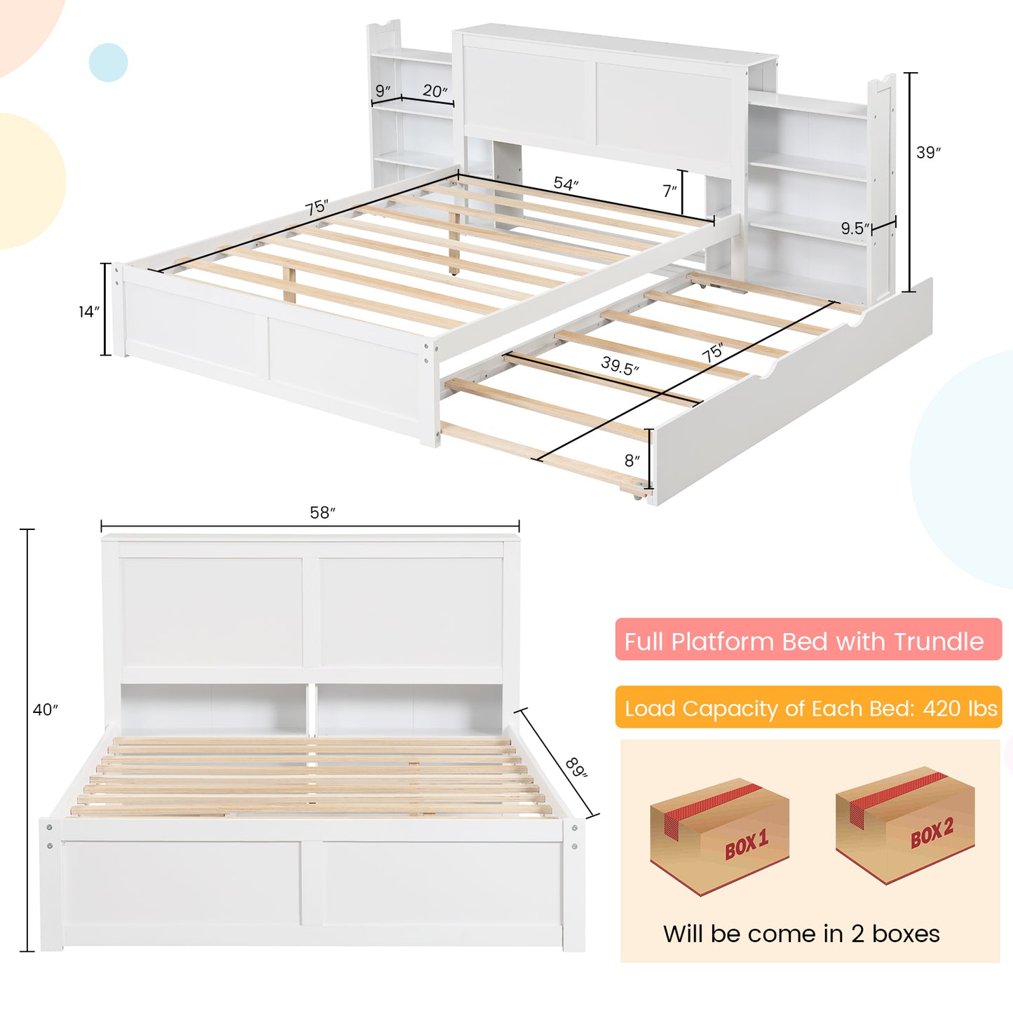 Kids Wooden Platform Bed with Trundle, Storage Headboard and Bookshelves - Full Size