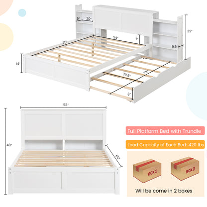 Kids Wooden Platform Bed with Trundle, Storage Headboard and Bookshelves - Full Size