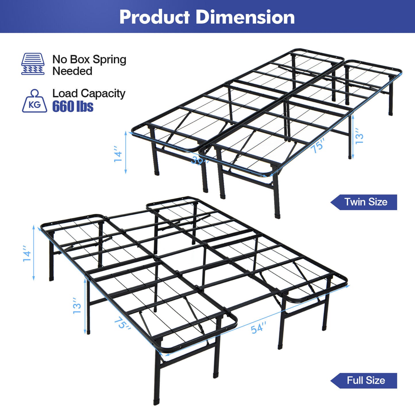 Foldable Steel Platform Bed Frame for Kids and Adults – Full Size
