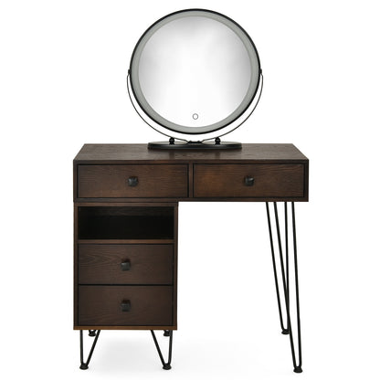 Modern Vanity Table with Storage Cabinet, Adjustable LED Mirror & Cushioned Stool - Brown