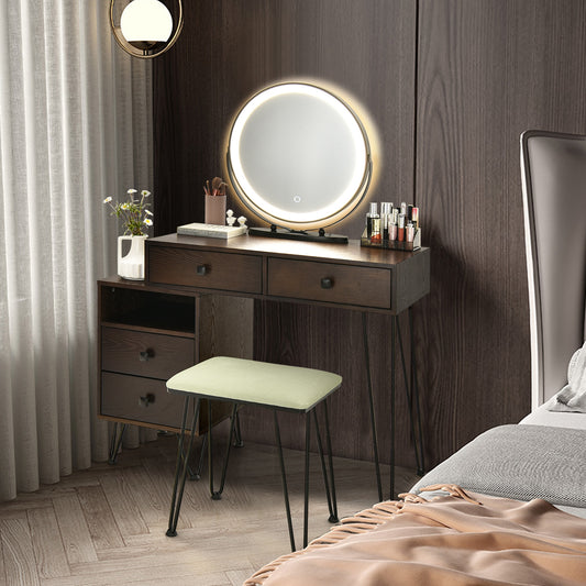 Modern Vanity Table with Storage Cabinet, Adjustable LED Mirror & Cushioned Stool - Brown