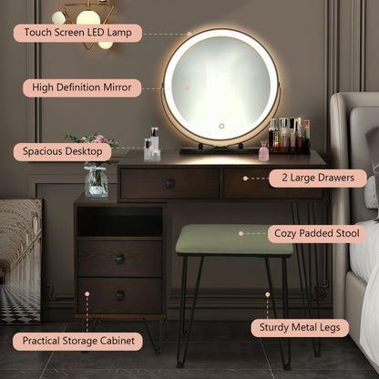Modern Vanity Table with Storage Cabinet, Adjustable LED Mirror & Cushioned Stool - Brown