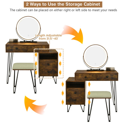 Modern Vanity Table with Storage Cabinet, Adjustable LED Mirror & Cushioned Stool - Brown