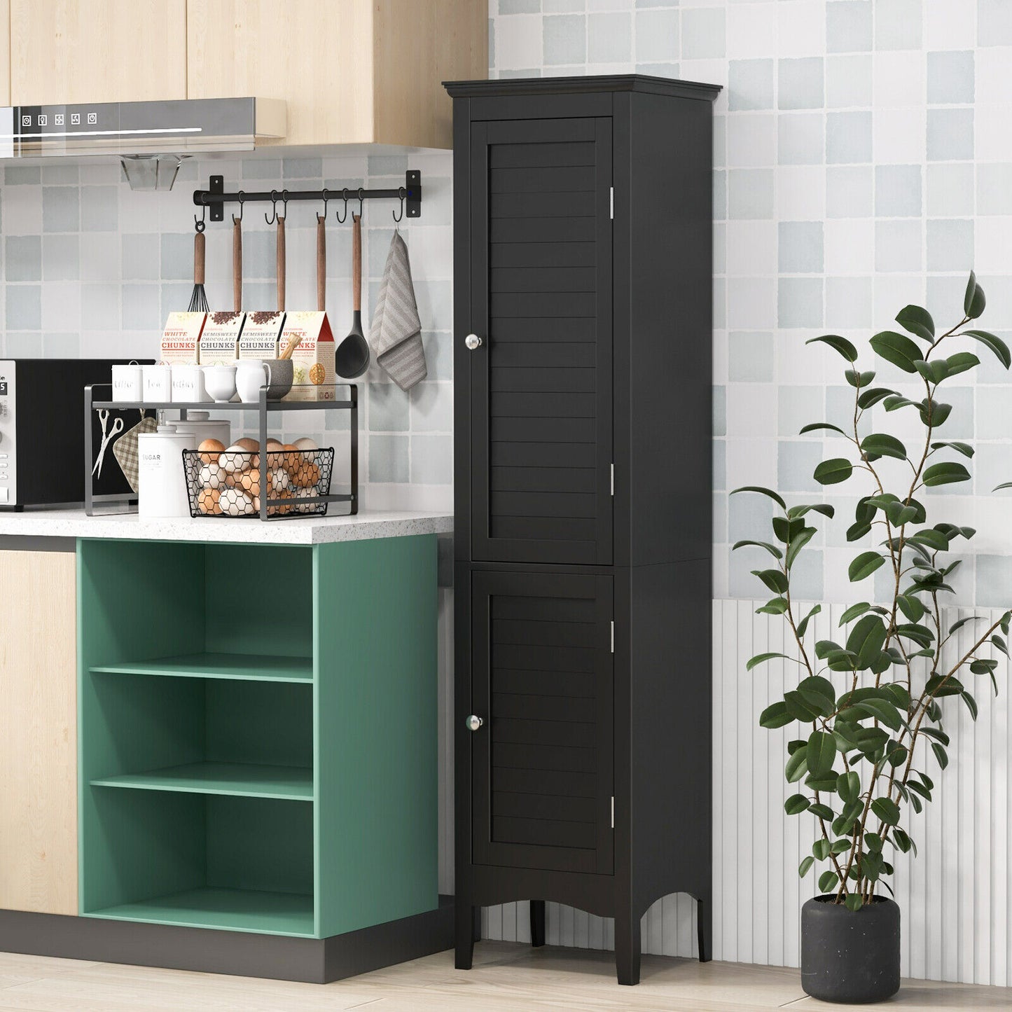 5-Shelf Tall Narrow Storage Cabinet with Louvered Doors