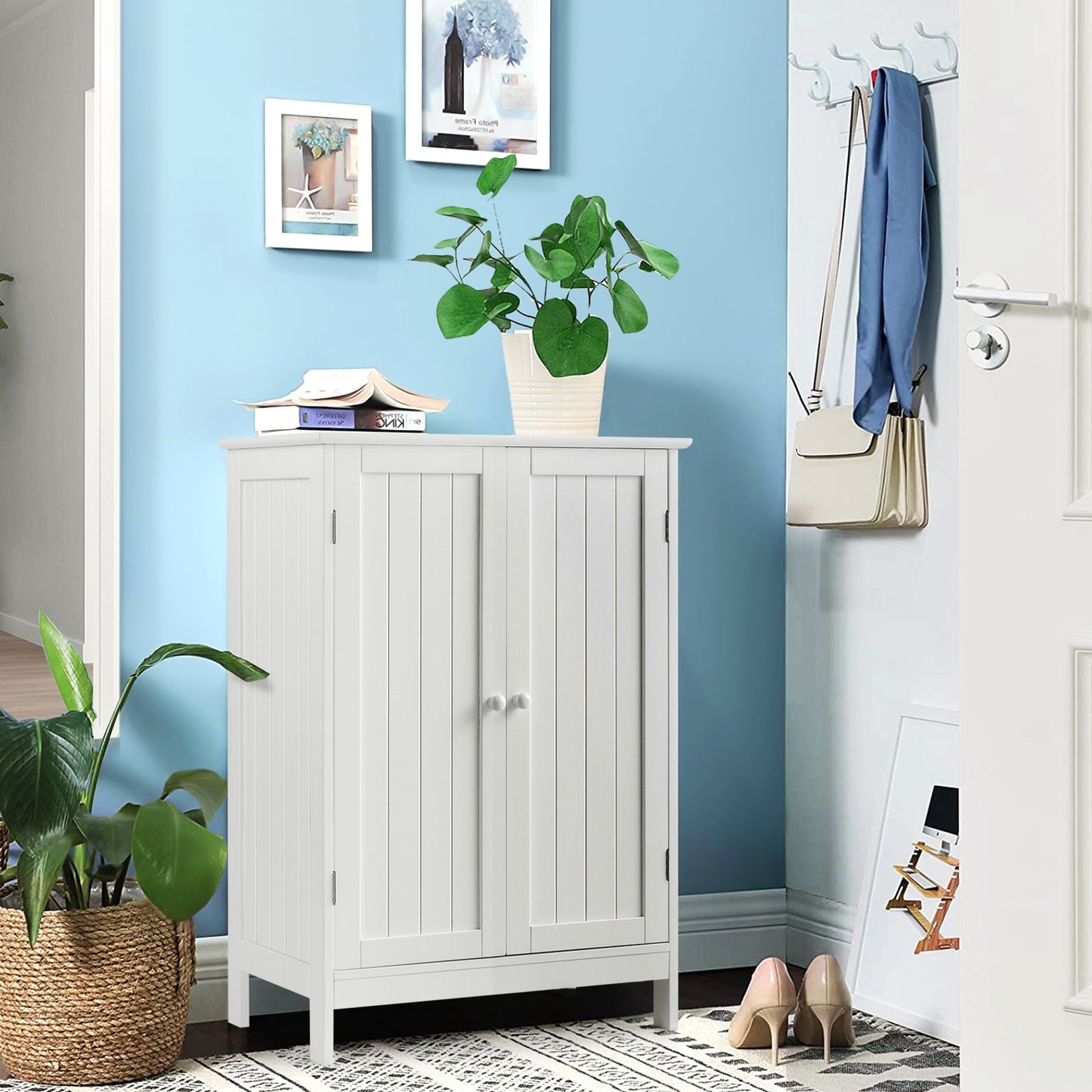 Modern Bathroom Floor Storage Cabinet with Double Doors & Adjustable Shelves