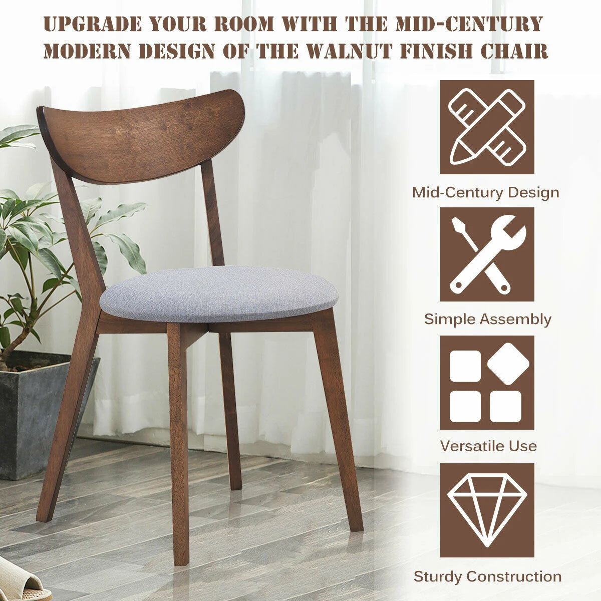 Modern Dining Chairs with Upholstered Seat and Curved Backrest, Set of 2