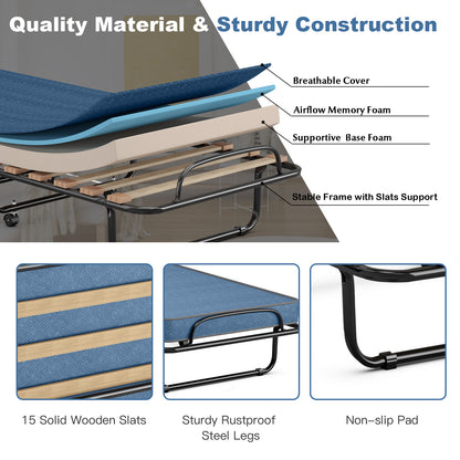 Portable Folding Bed with Memory Foam Mattress & Sturdy Metal Frame – Made in Italy (Navy)