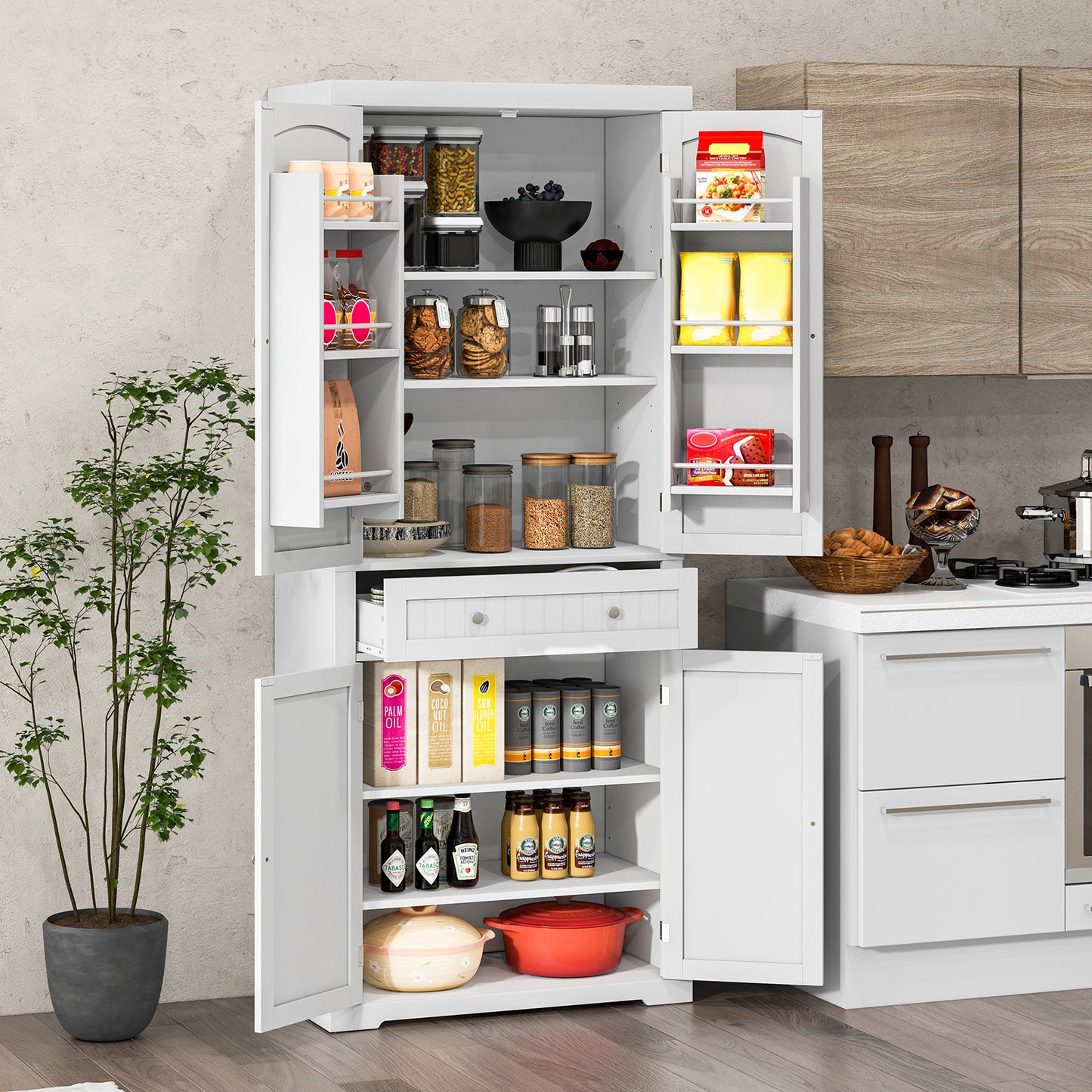 72 Inch Freestanding Kitchen Pantry Cabinet with Adjustable Shelves Four Door Storage Cupboard and Large Drawer