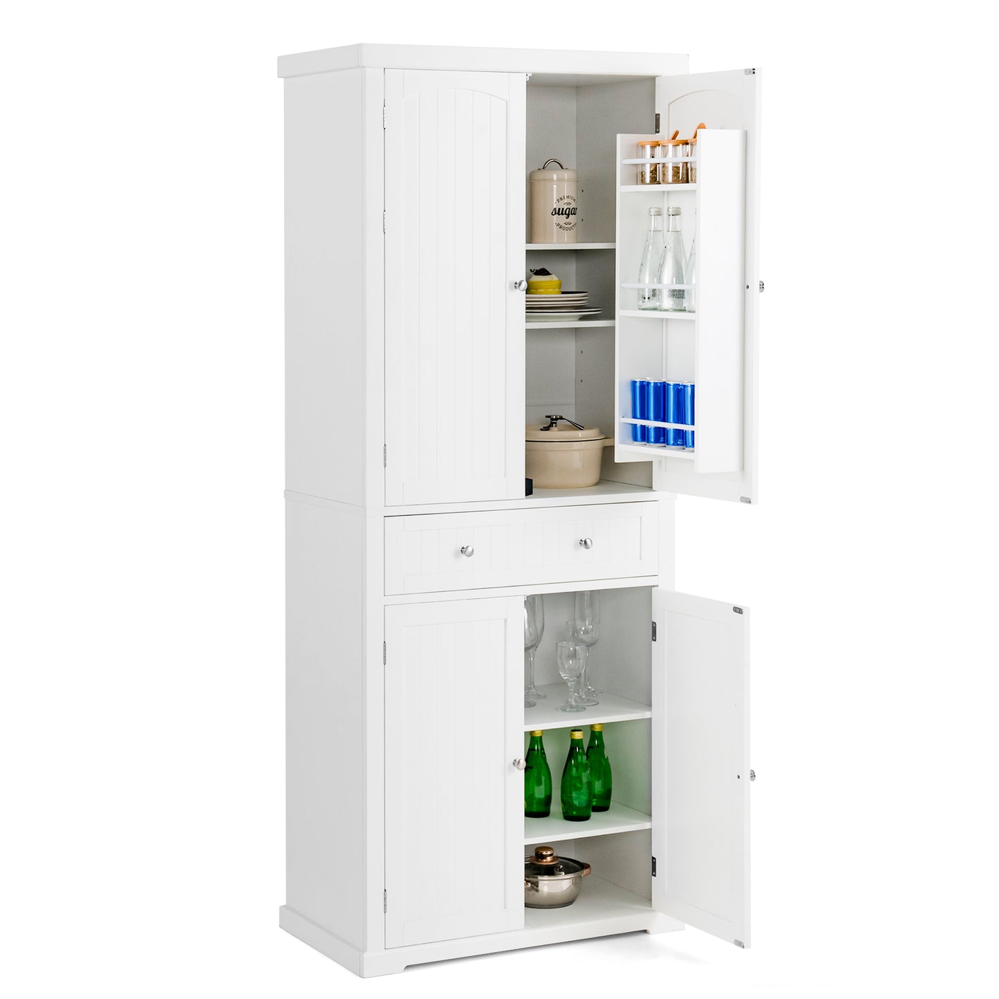 72 Inch Freestanding Kitchen Pantry Cabinet with Adjustable Shelves Four Door Storage Cupboard and Large Drawer
