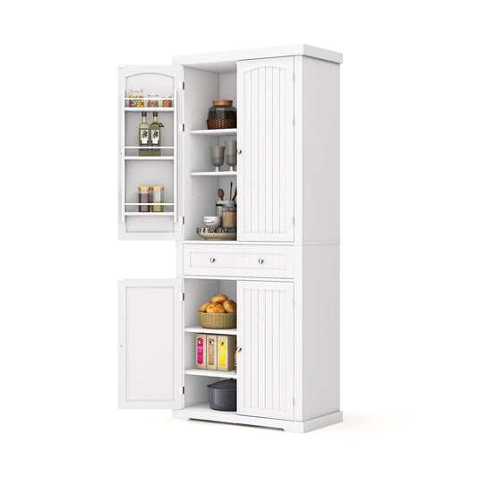 72 Inch Freestanding Kitchen Pantry Cabinet with Adjustable Shelves Four Door Storage Cupboard and Large Drawer