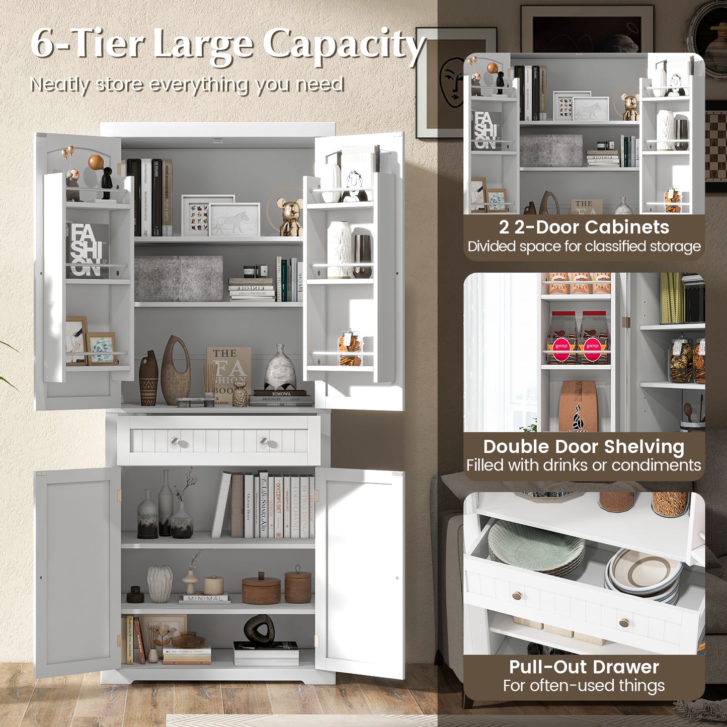 72 Inch Freestanding Kitchen Pantry Cabinet with Adjustable Shelves Four Door Storage Cupboard and Large Drawer