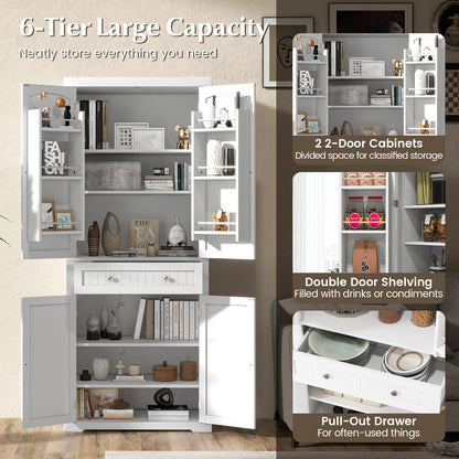 72 Inch Freestanding Kitchen Pantry Cabinet with Adjustable Shelves Four Door Storage Cupboard and Large Drawer
