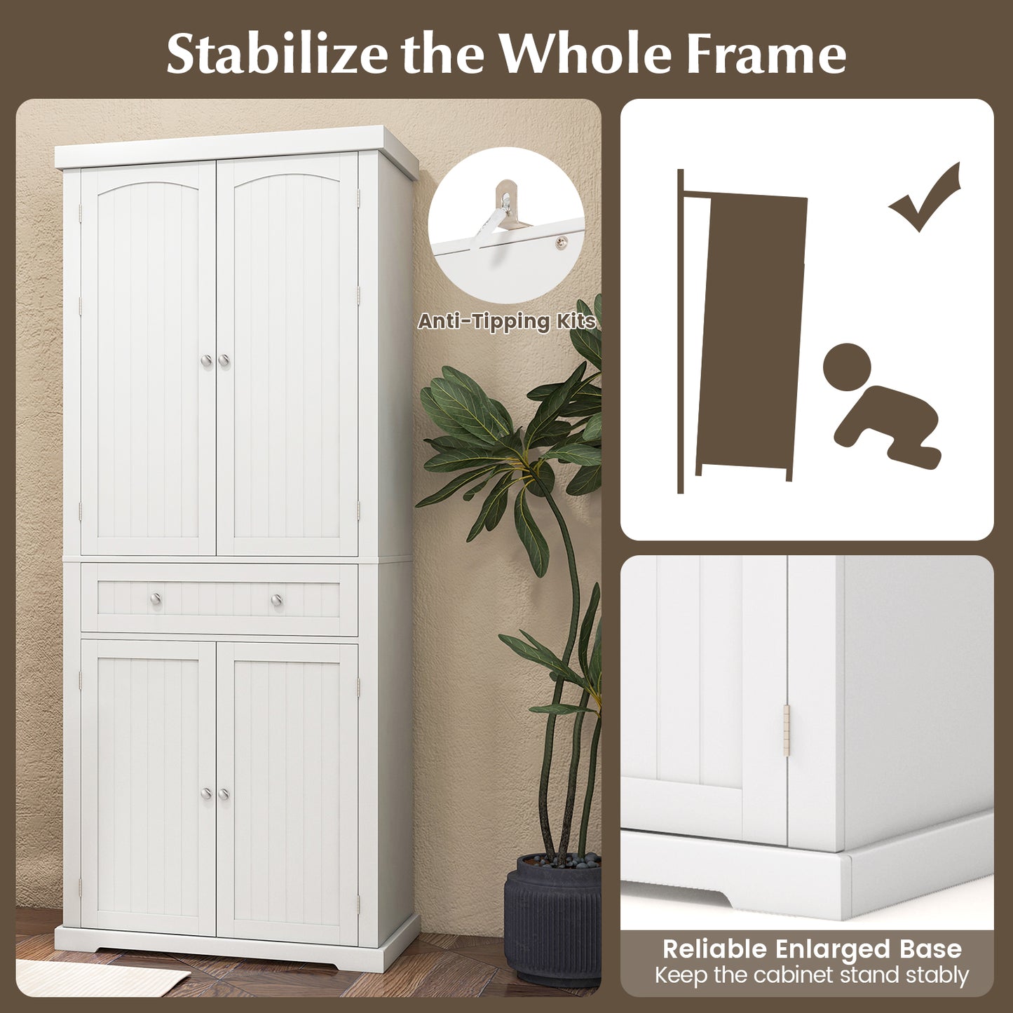 72 Inch Freestanding Kitchen Pantry Cabinet with Adjustable Shelves Four Door Storage Cupboard and Large Drawer