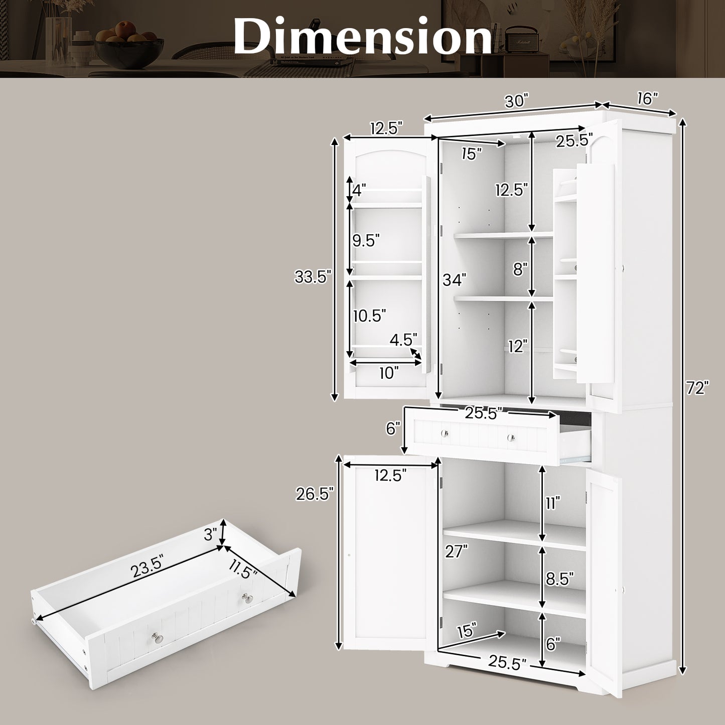 72 Inch Freestanding Kitchen Pantry Cabinet with Adjustable Shelves Four Door Storage Cupboard and Large Drawer