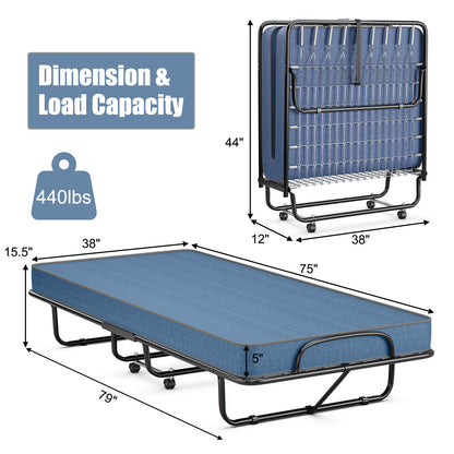 Rollaway Guest Bed with Memory Foam Mattress and Steel Frame Made in Italy - Navy