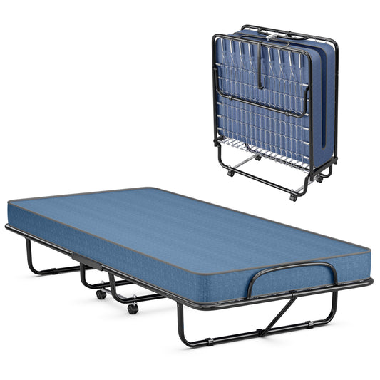 Rollaway Guest Bed with Memory Foam Mattress and Steel Frame Made in Italy - Navy
