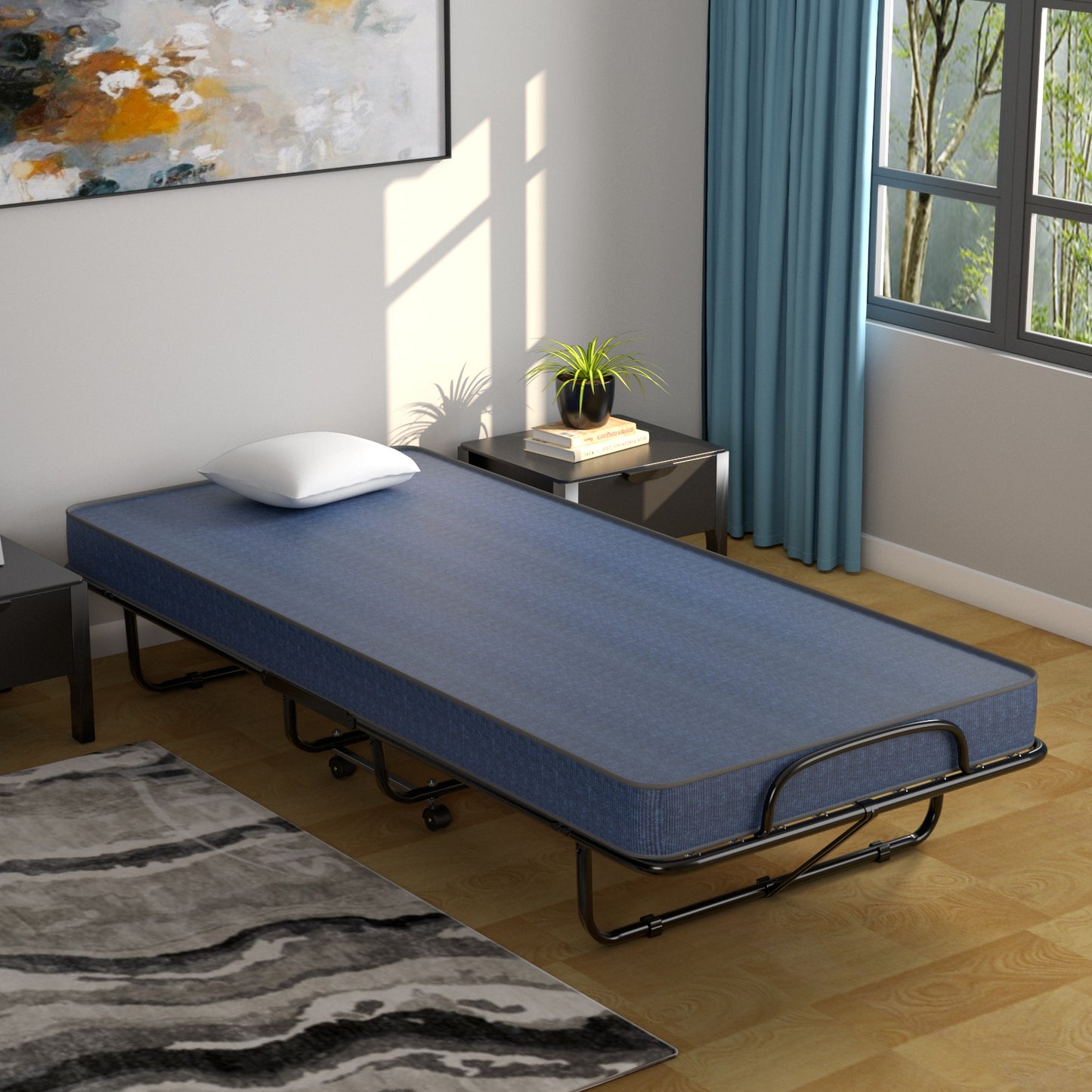 Rollaway Guest Bed with Memory Foam Mattress and Steel Frame Made in Italy - Navy
