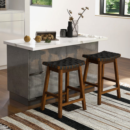 Set of 2 Bar Height Stools with Woven Curved Faux PU Leather Seats 25.5 Inches