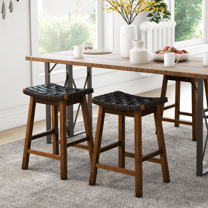 Set of 2 Bar Height Stools with Woven Curved Faux PU Leather Seats 25.5 Inches