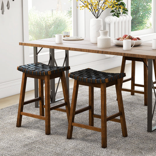 Set of 2 Bar Height Stools with Woven Curved Faux PU Leather Seats 25.5 Inches