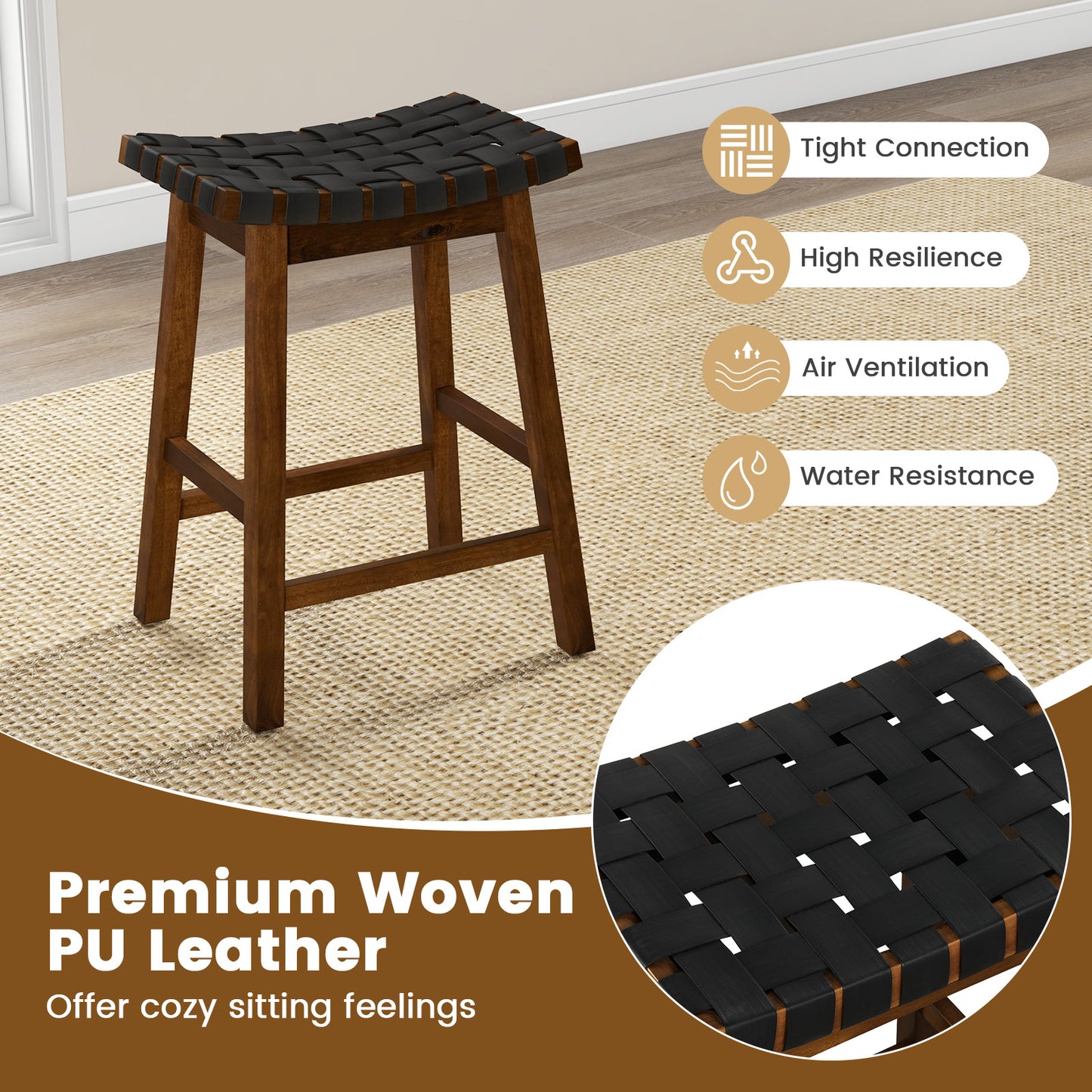 Set of 2 Bar Height Stools with Woven Curved Faux PU Leather Seats 25.5 Inches