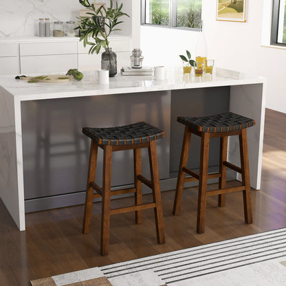 Set of 2 Bar Height Stools with Woven Curved Faux PU Leather Seats 31 Inches