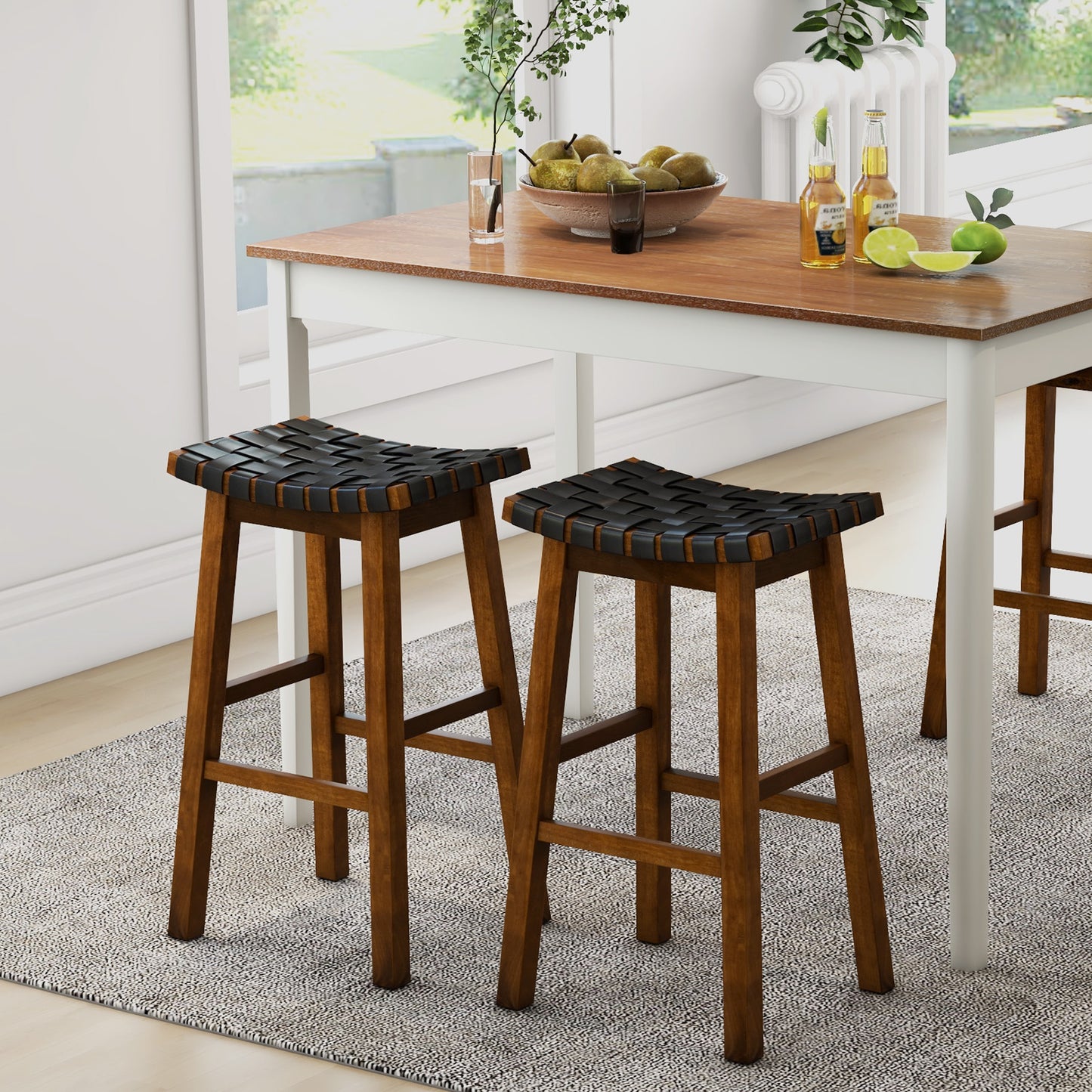 Set of 2 Bar Height Stools with Woven Curved Faux PU Leather Seats 31 Inches