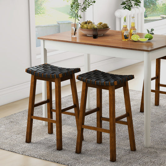 Set of 2 Bar Height Stools with Woven Curved Faux PU Leather Seats 31 Inches
