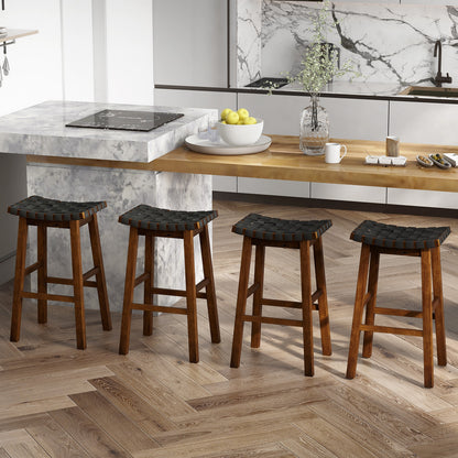 Set of 2 Bar Height Stools with Woven Curved Faux PU Leather Seats 31 Inches