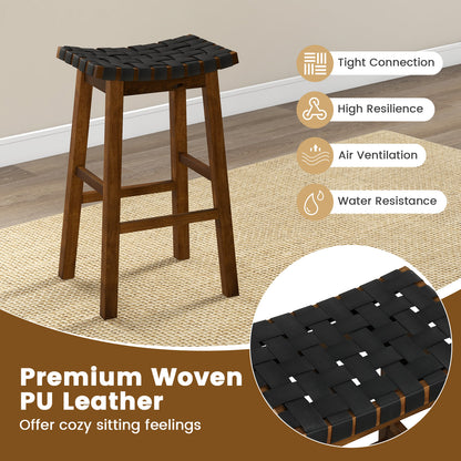 Set of 2 Bar Height Stools with Woven Curved Faux PU Leather Seats 31 Inches