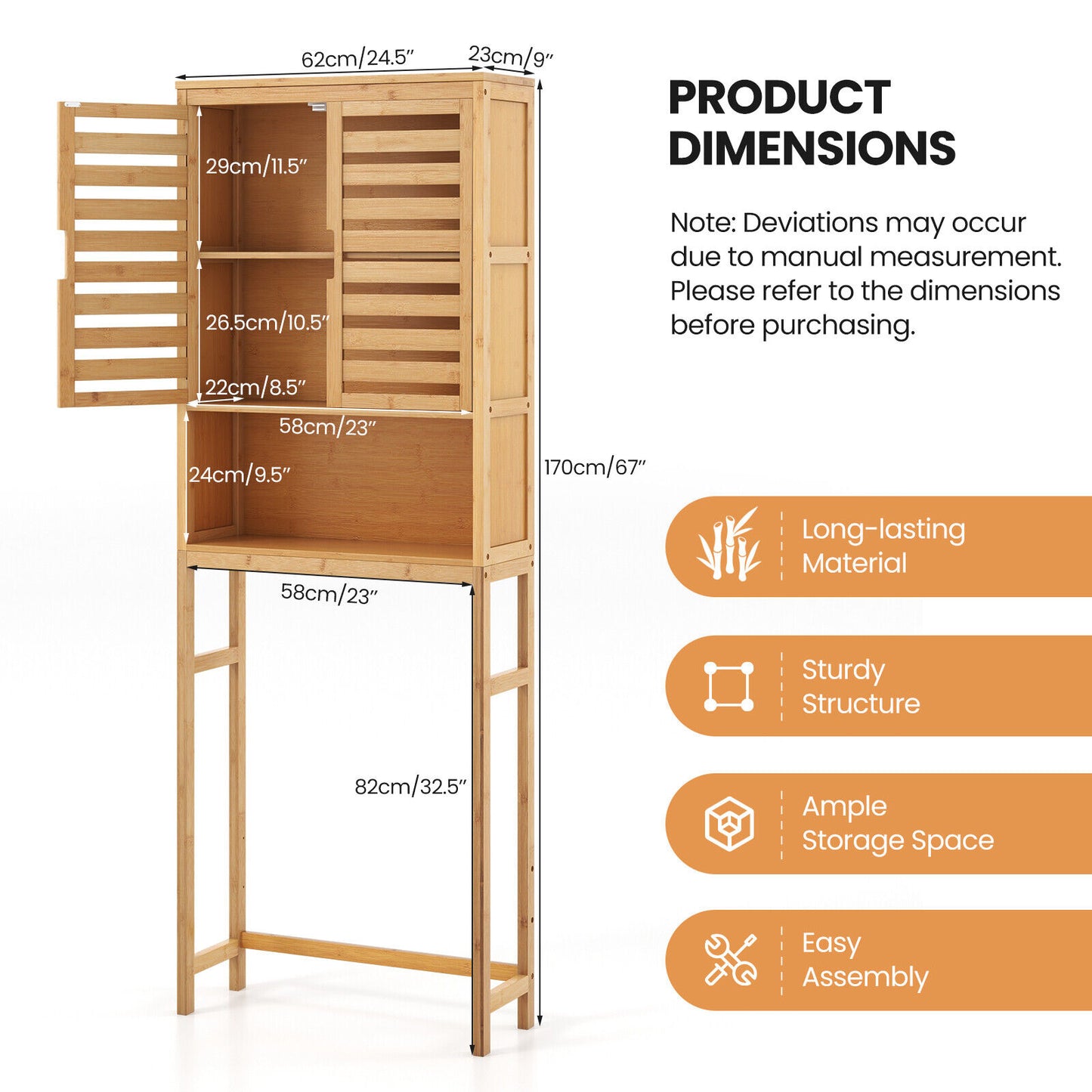 Natural Bamboo Over-The-Toilet Storage Cabinet with Adjustable Shelf