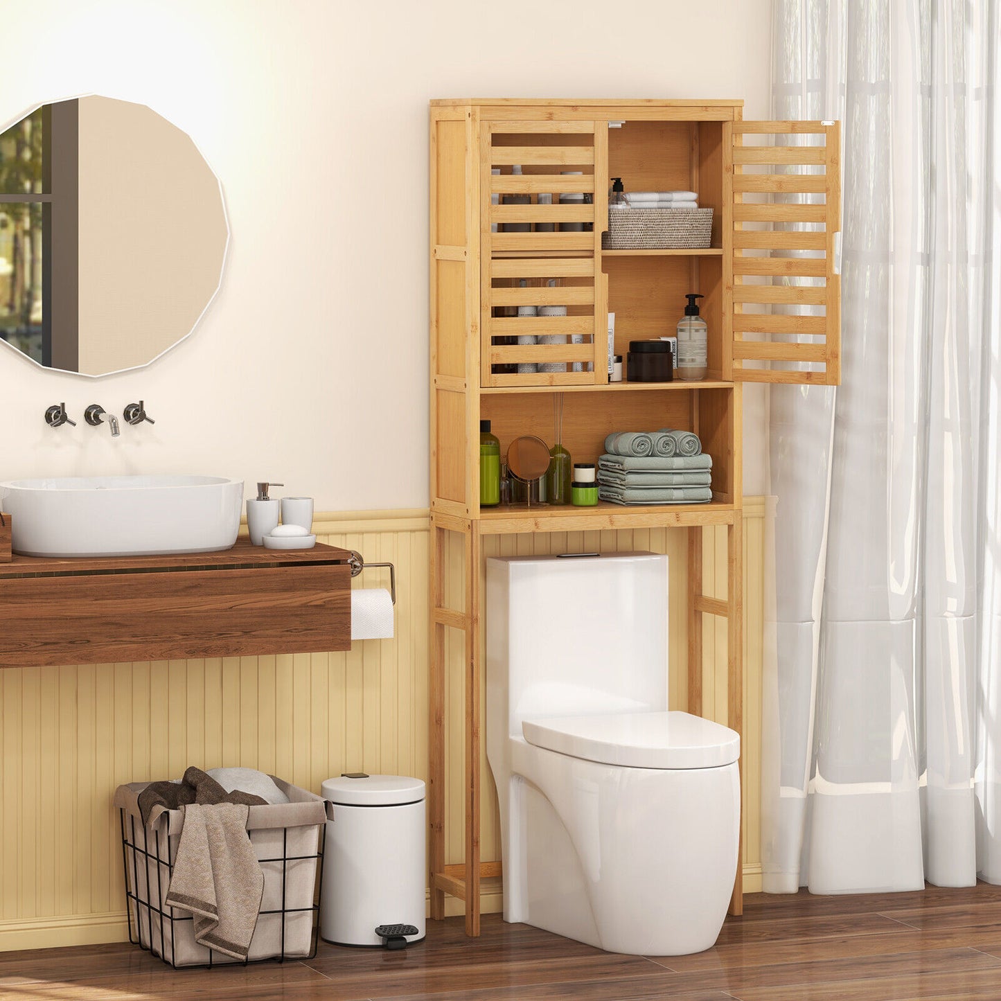 Natural Bamboo Over-The-Toilet Storage Cabinet with Adjustable Shelf