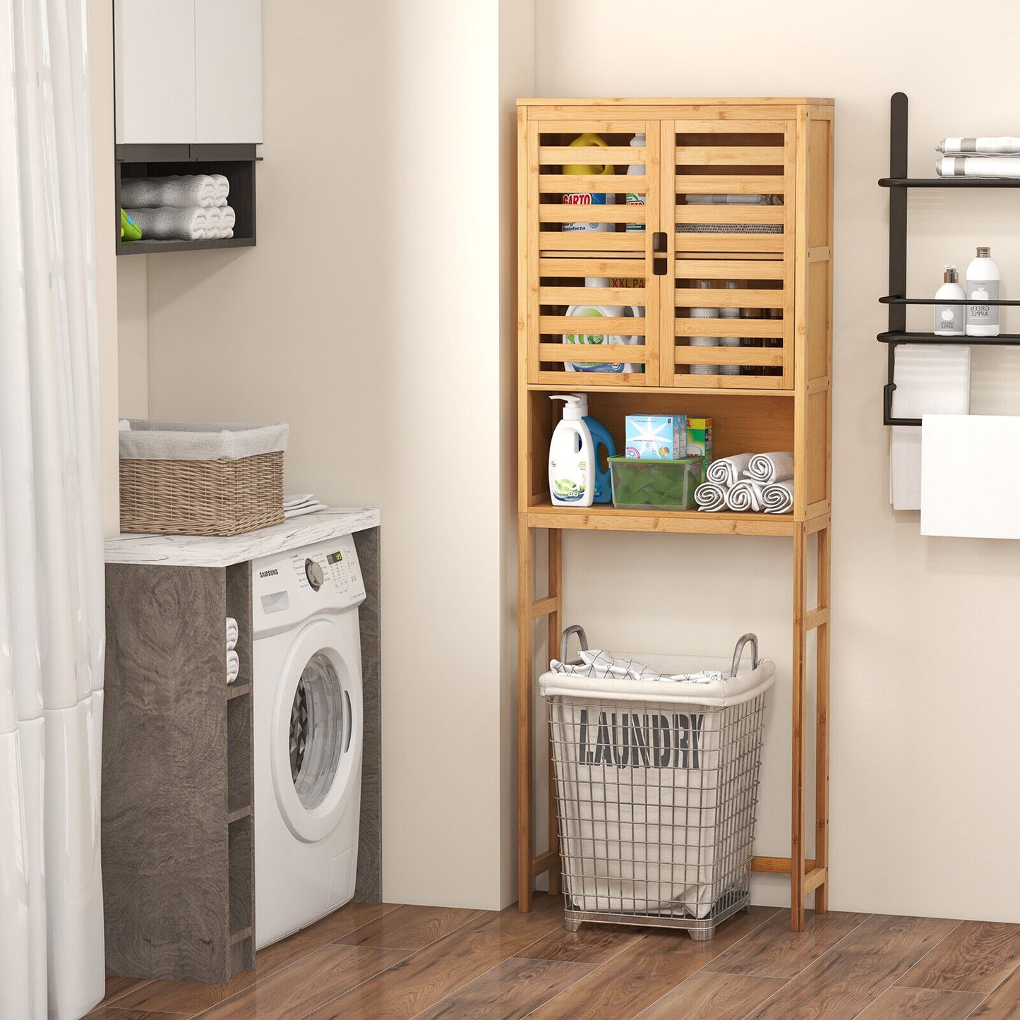 Natural Bamboo Over-The-Toilet Storage Cabinet with Adjustable Shelf