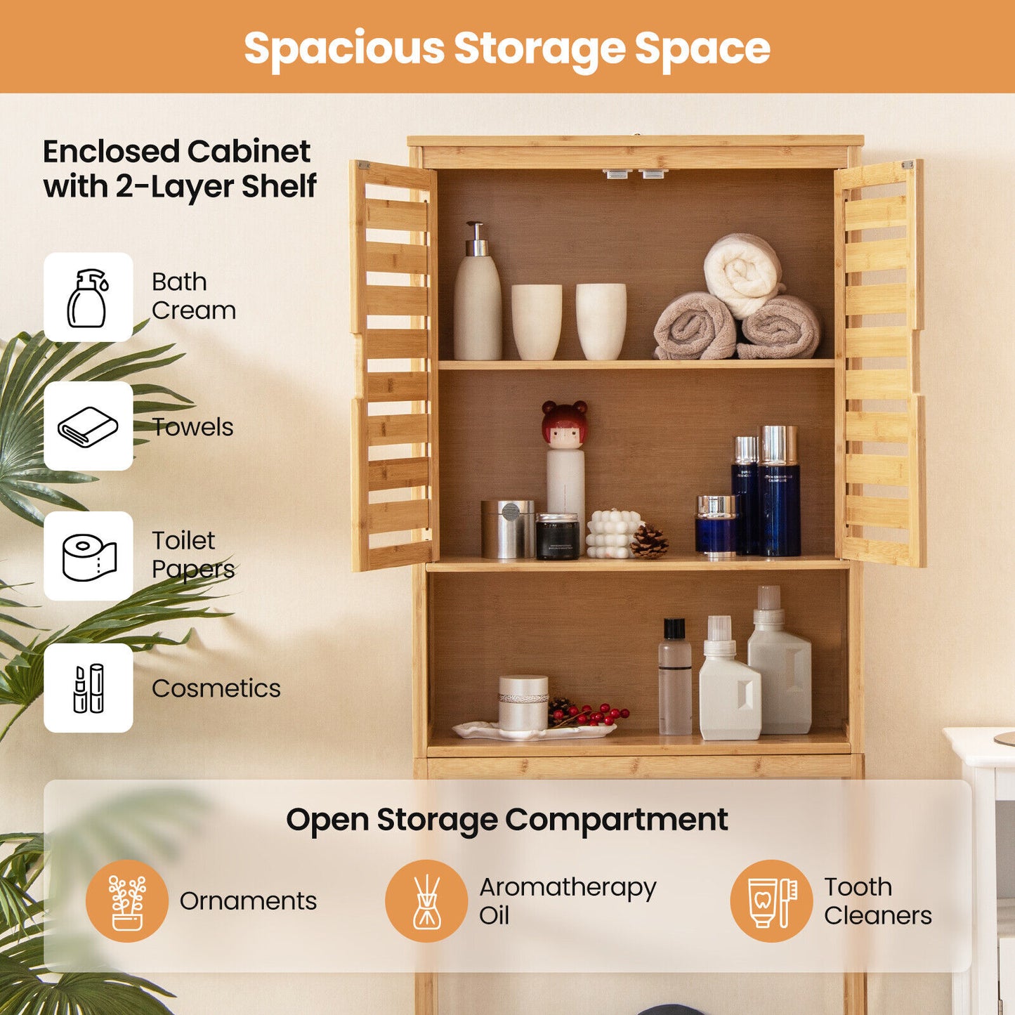Natural Bamboo Over-The-Toilet Storage Cabinet with Adjustable Shelf