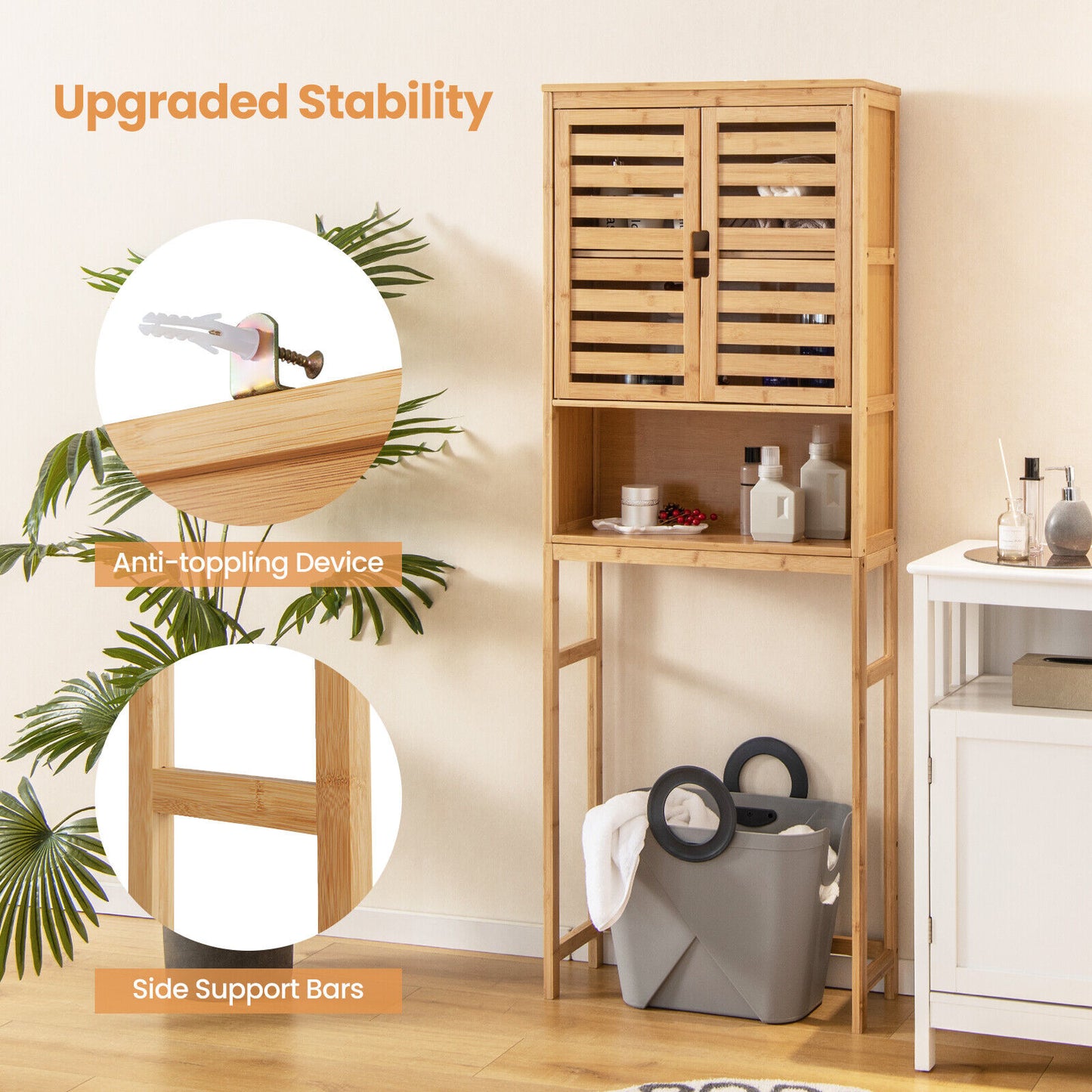 Natural Bamboo Over-The-Toilet Storage Cabinet with Adjustable Shelf