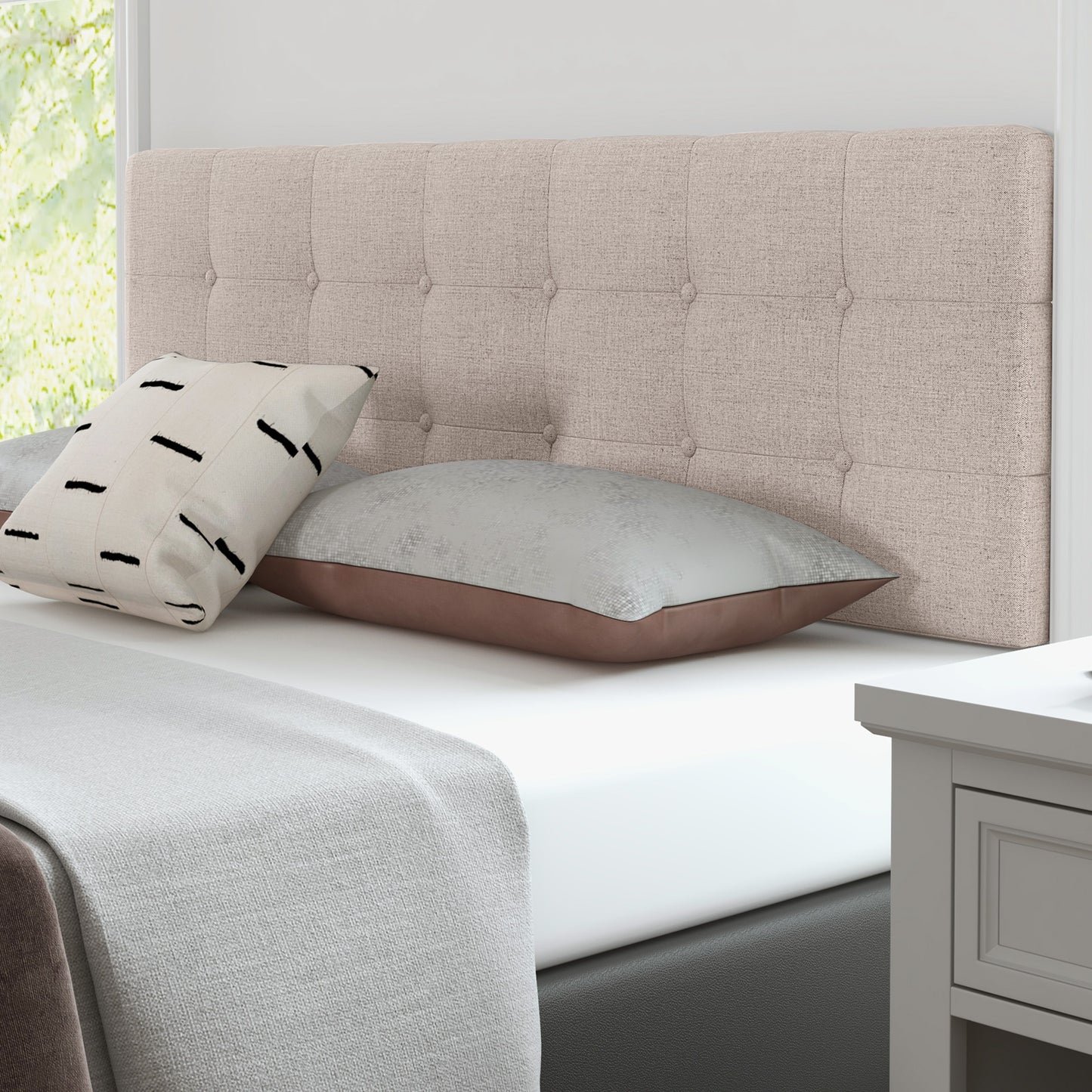 Upholstered Headboard with Solid Rubber Wood Legs for Full/Queen Beds - Beige